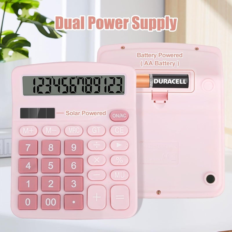 HUTUDD Desktop Calculator, Pink Calculator Big Buttons, 12-Digits Large LCD Display, Solar and AA Battery Dual Power, Desk Calculators for Office Home School Business Class (Pink) - Image 2